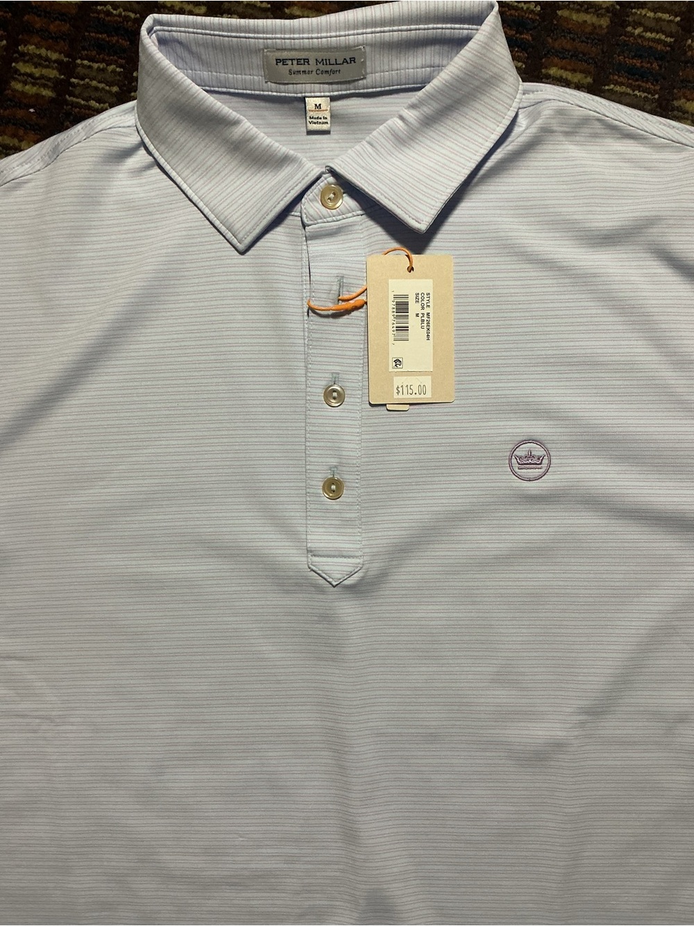 Peter Millar Stripe Polo Brand New NWT Medium Lilac/White Stripes on Turquoise
